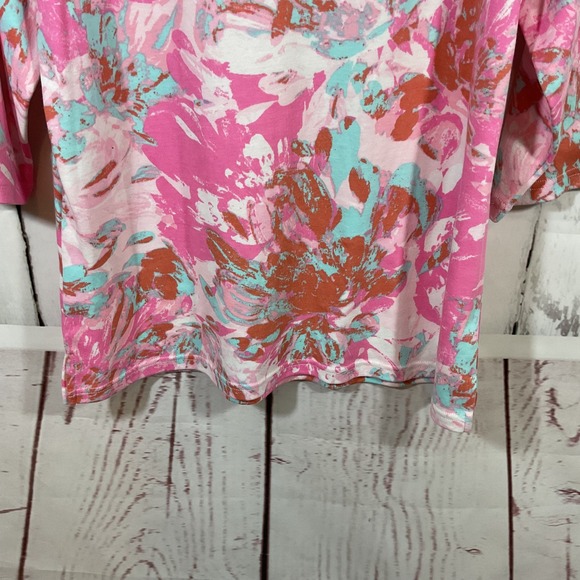 Quacker Factory Top M Pink Floral Embellished 3/4 Sleeve Boho Artsy Watercolor - Picture 10 of 13
